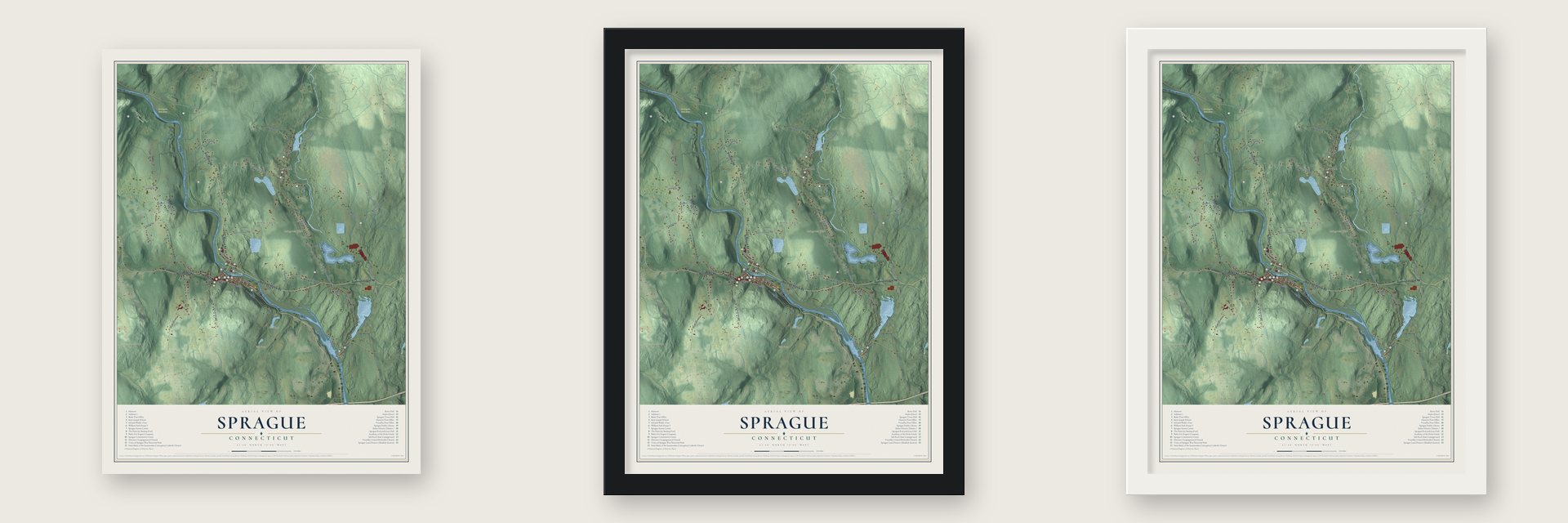 Sprague, Connecticut map unframed, in a black wood frame and in a white wood frame
