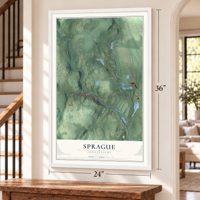 Sprague, Connecticut map, 24 x 36 inch print in a white frame by a staircase