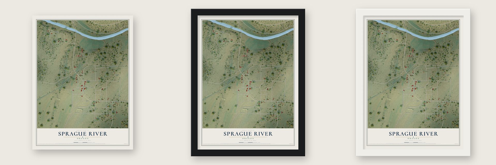 Sprague River, Oregon map unframed, in a black wood frame and in a white wood frame