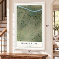 Sprague River, Oregon map, 24 x 36 inch print in a white frame by a staircase