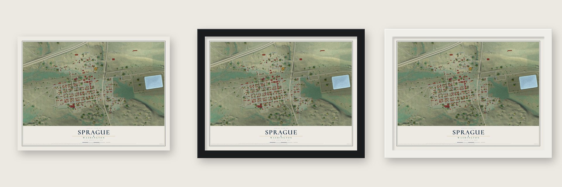 Sprague, Washington map unframed, in a black wood frame and in a white wood frame