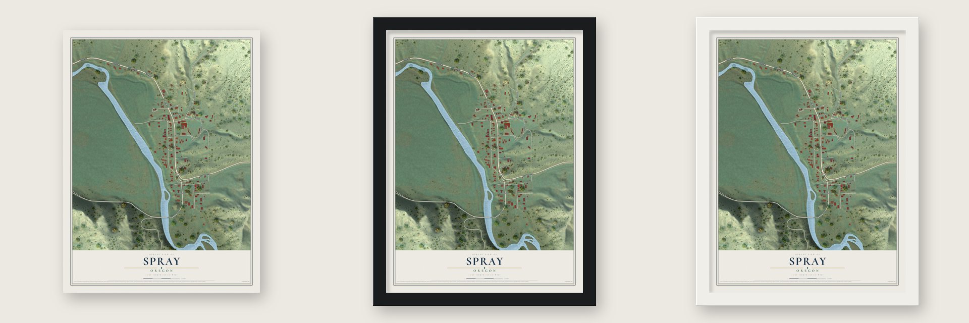 Spray, Oregon map unframed, in a black wood frame and in a white wood frame