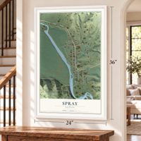 Spray, Oregon map, 24 x 36 inch print in a white frame by a staircase