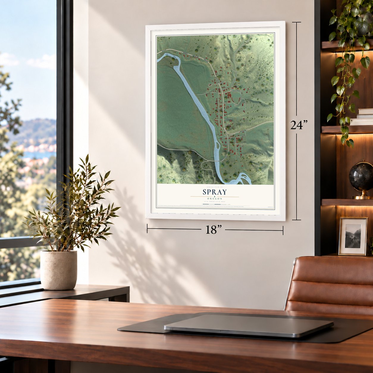 Spray, Oregon map, 18 x 24 inch print in a white frame in a home office