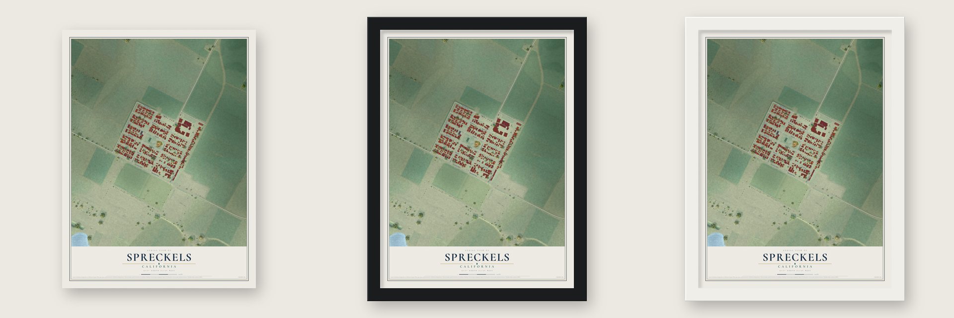 Spreckels, California map unframed, in a black wood frame and in a white wood frame