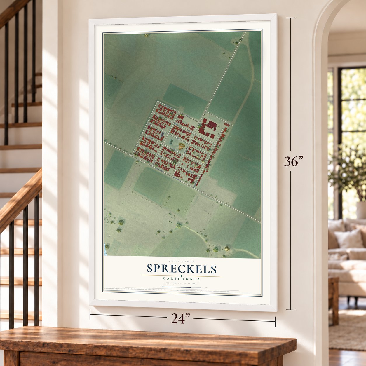 Spreckels, California map, 24 x 36 inch print in a white frame by a staircase