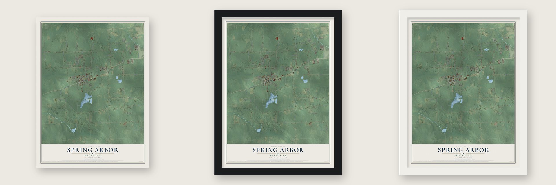 Spring Arbor, Michigan map unframed, in a black wood frame and in a white wood frame