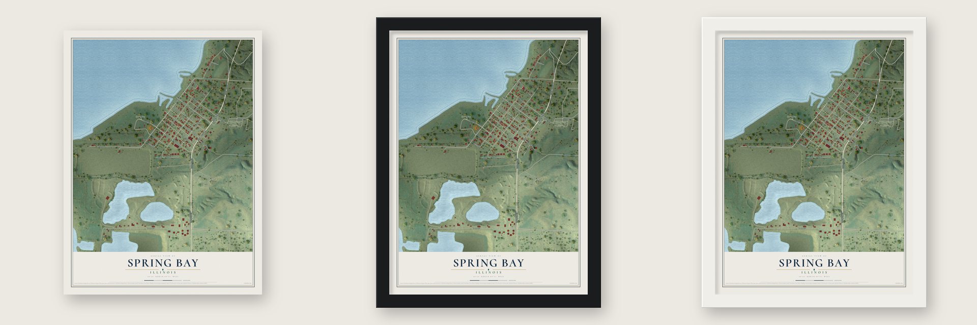 Spring Bay, Illinois map unframed, in a black wood frame and in a white wood frame