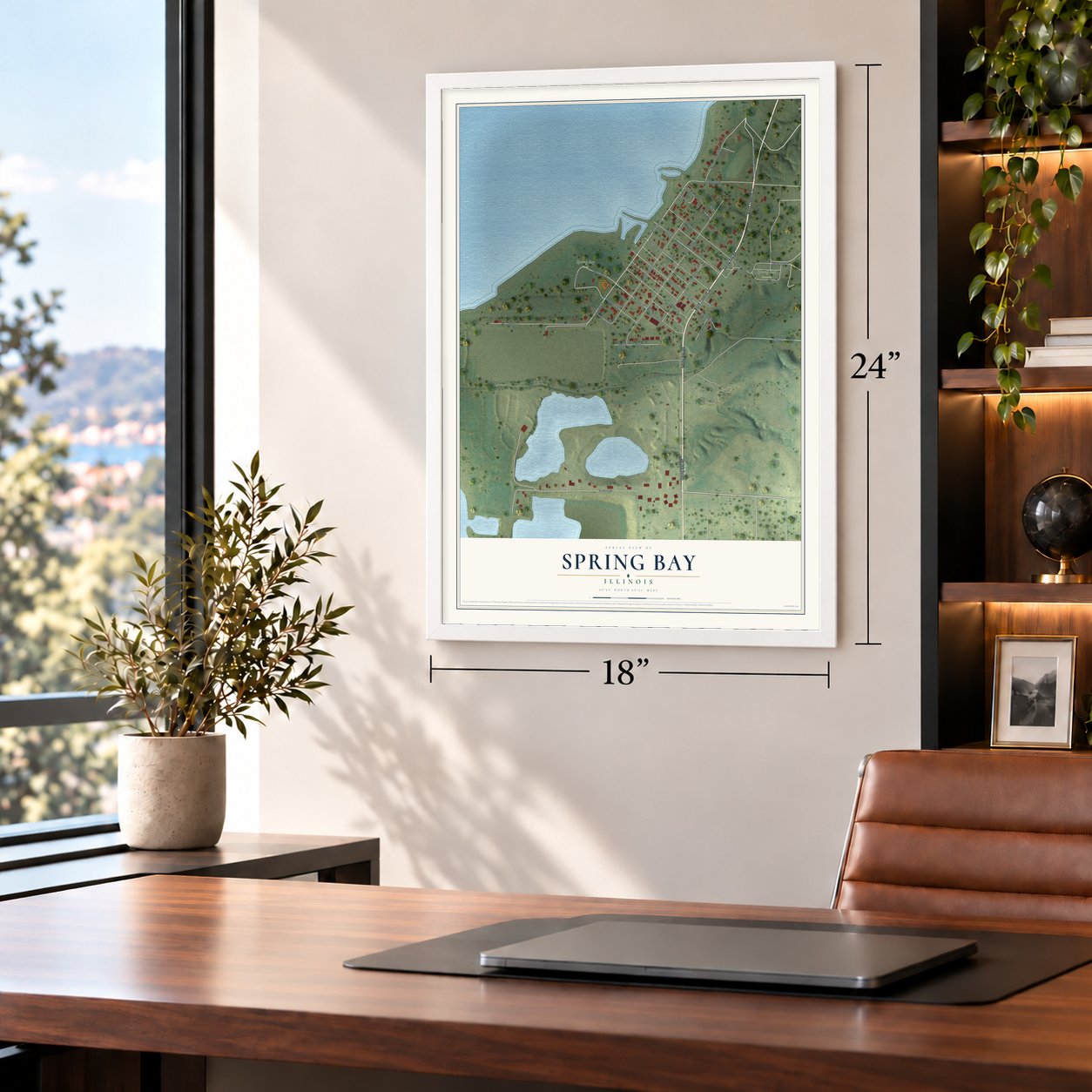 Spring Bay, Illinois map, 18 x 24 inch print in a white frame in a home office