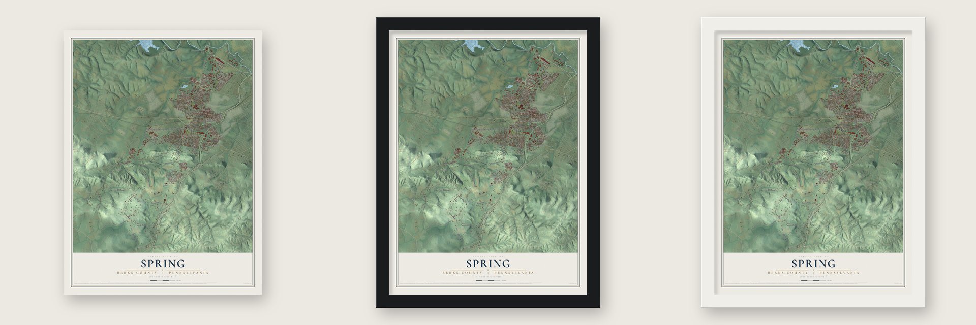 Spring, Berks County, Pennsylvania map unframed, in a black wood frame and in a white wood frame