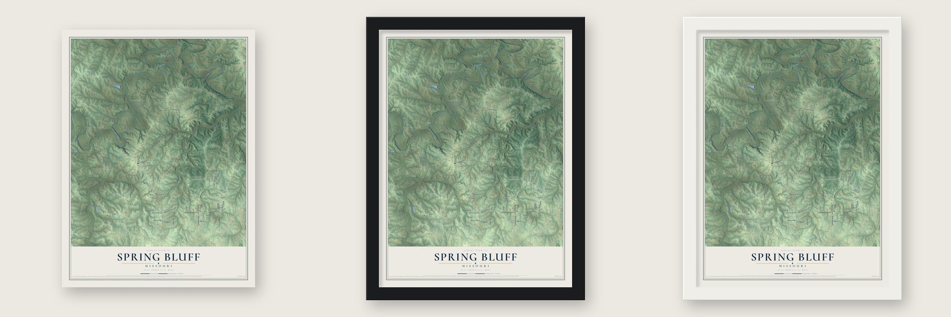 Spring Bluff, Missouri map unframed, in a black wood frame and in a white wood frame