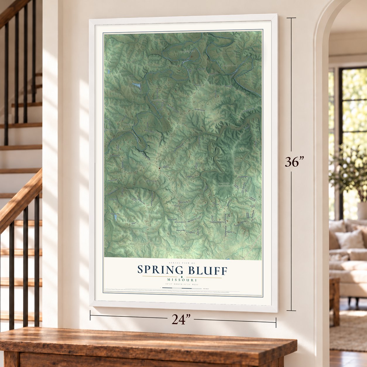 Spring Bluff, Missouri map, 24 x 36 inch print in a white frame by a staircase