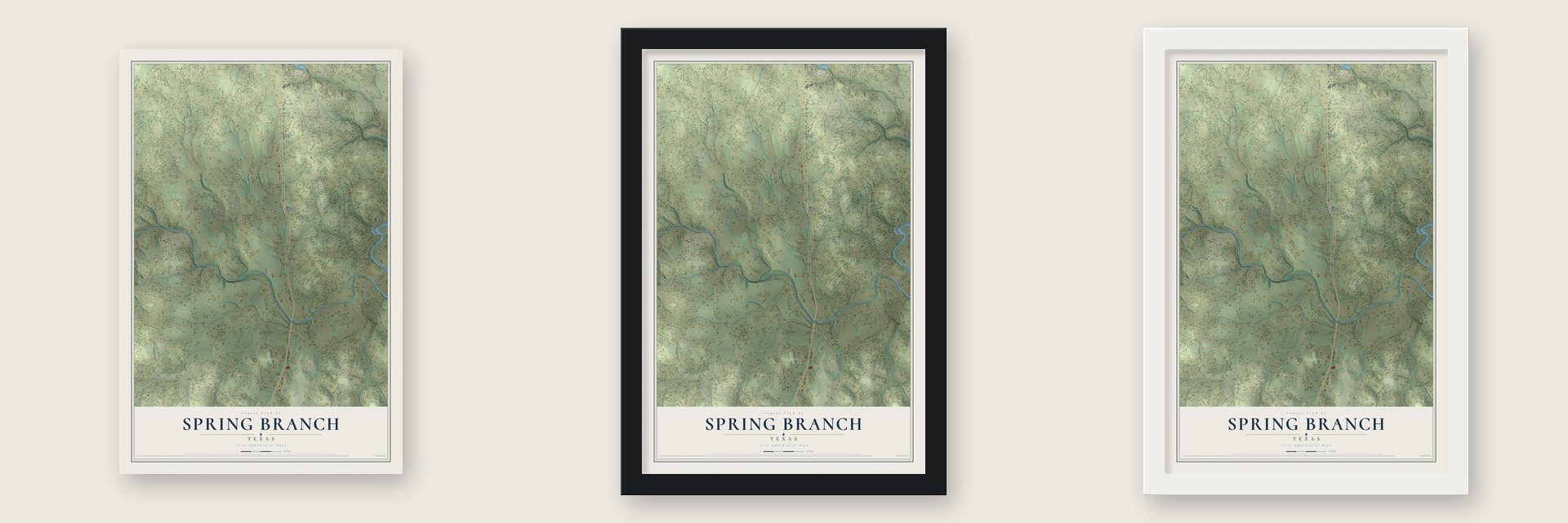 Spring Branch, Texas map unframed, in a black wood frame and in a white wood frame