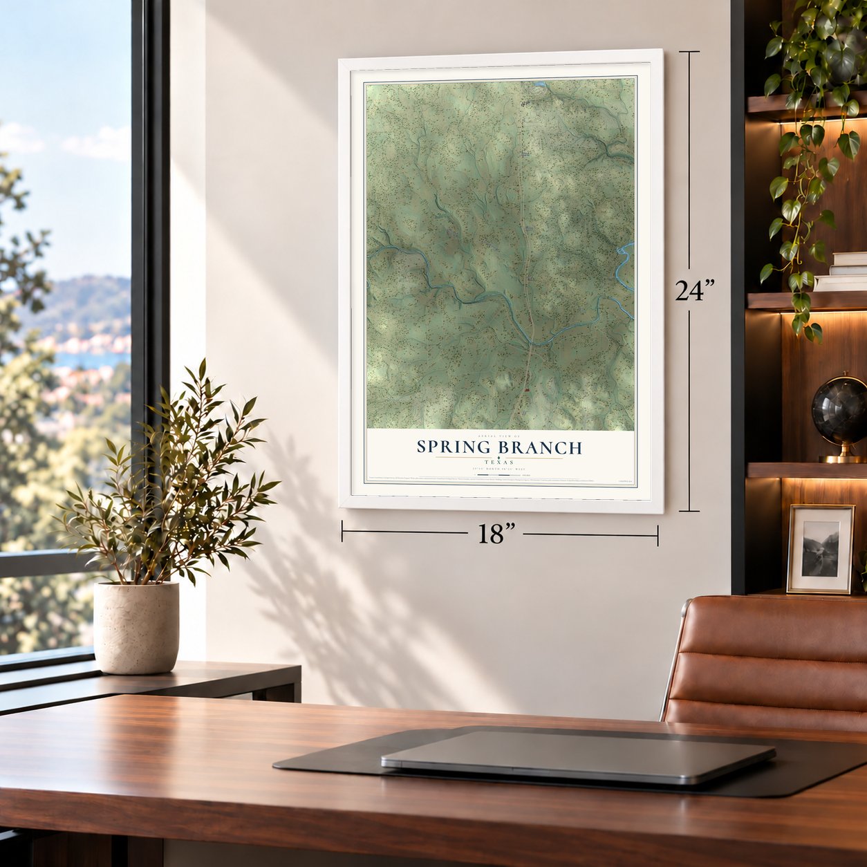 Spring Branch, Texas map, 18 x 24 inch print in a white frame in a home office