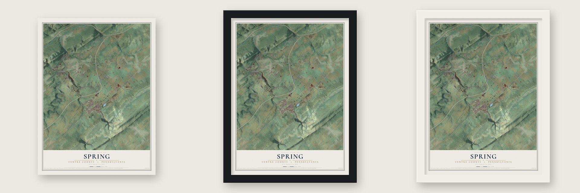 Spring, Centre County, Pennsylvania map unframed, in a black wood frame and in a white wood frame