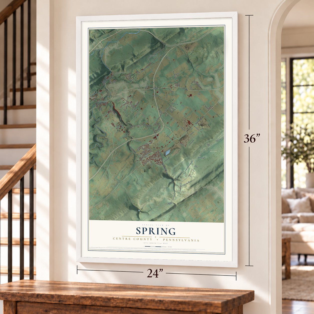 Spring, Centre County, Pennsylvania map, 24 x 36 inch print in a white frame by a staircase