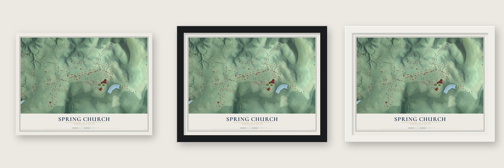 Spring Church, Pennsylvania map unframed, in a black wood frame and in a white wood frame
