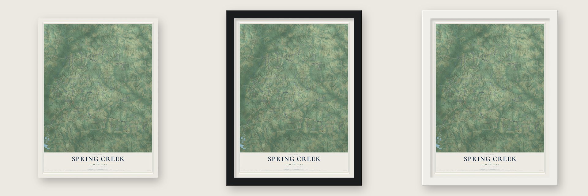 Spring Creek, Louisiana map unframed, in a black wood frame and in a white wood frame