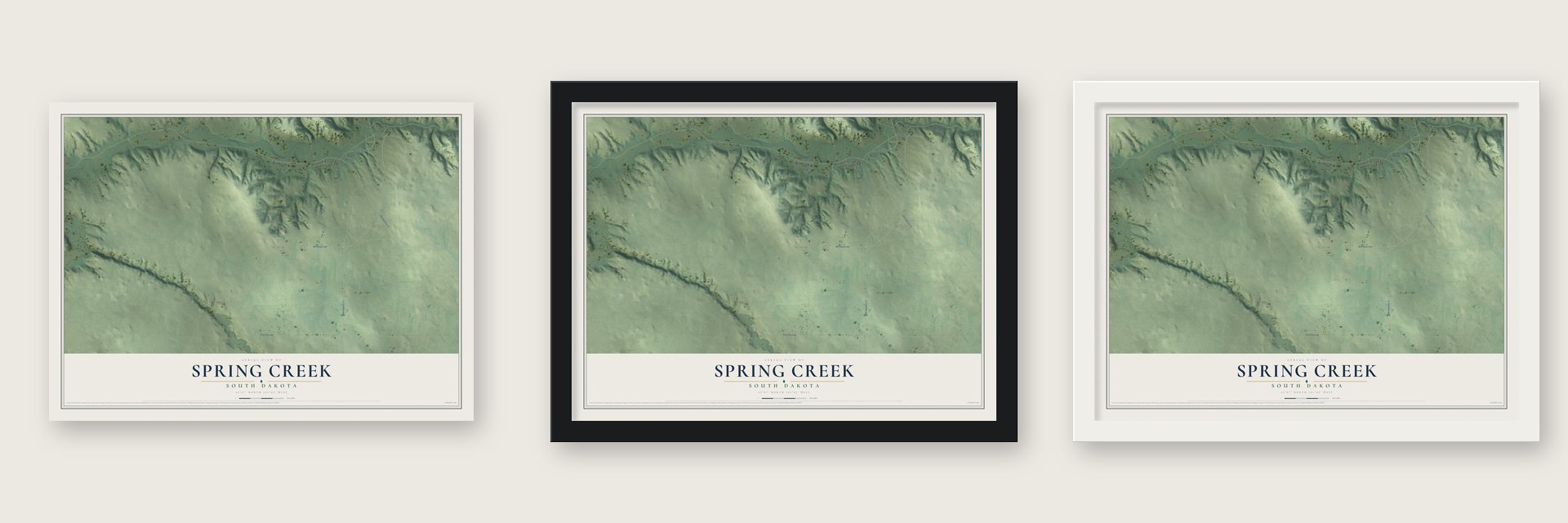 Spring Creek, South Dakota map unframed, in a black wood frame and in a white wood frame