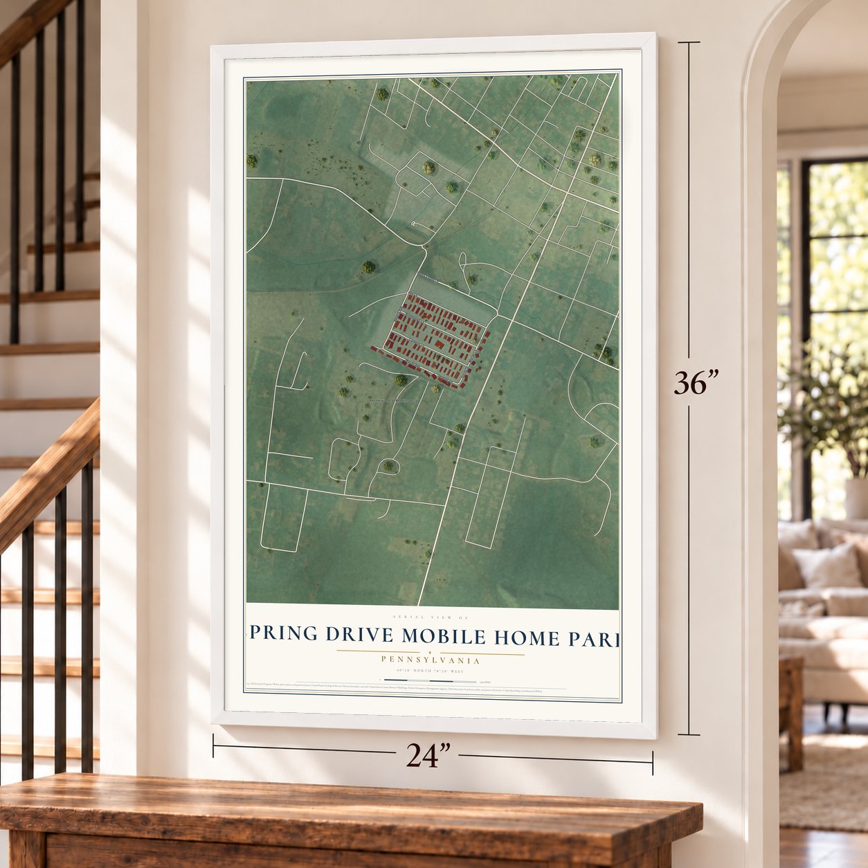 Spring Drive Mobile Home Park, Pennsylvania map, 24 x 36 inch print in a white frame by a staircase