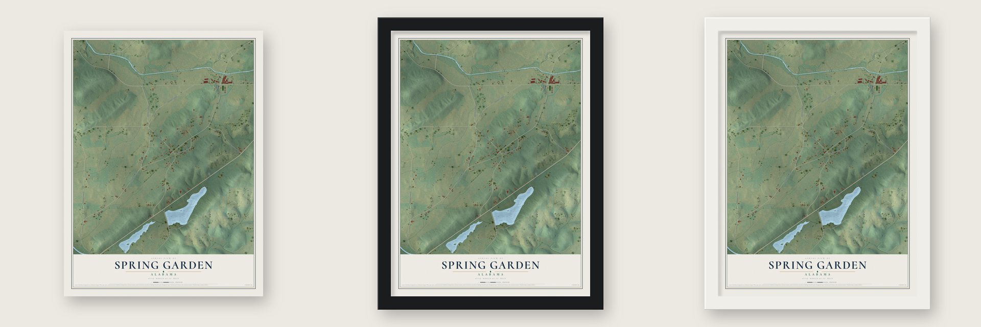 Spring Garden, Alabama map unframed, in a black wood frame and in a white wood frame