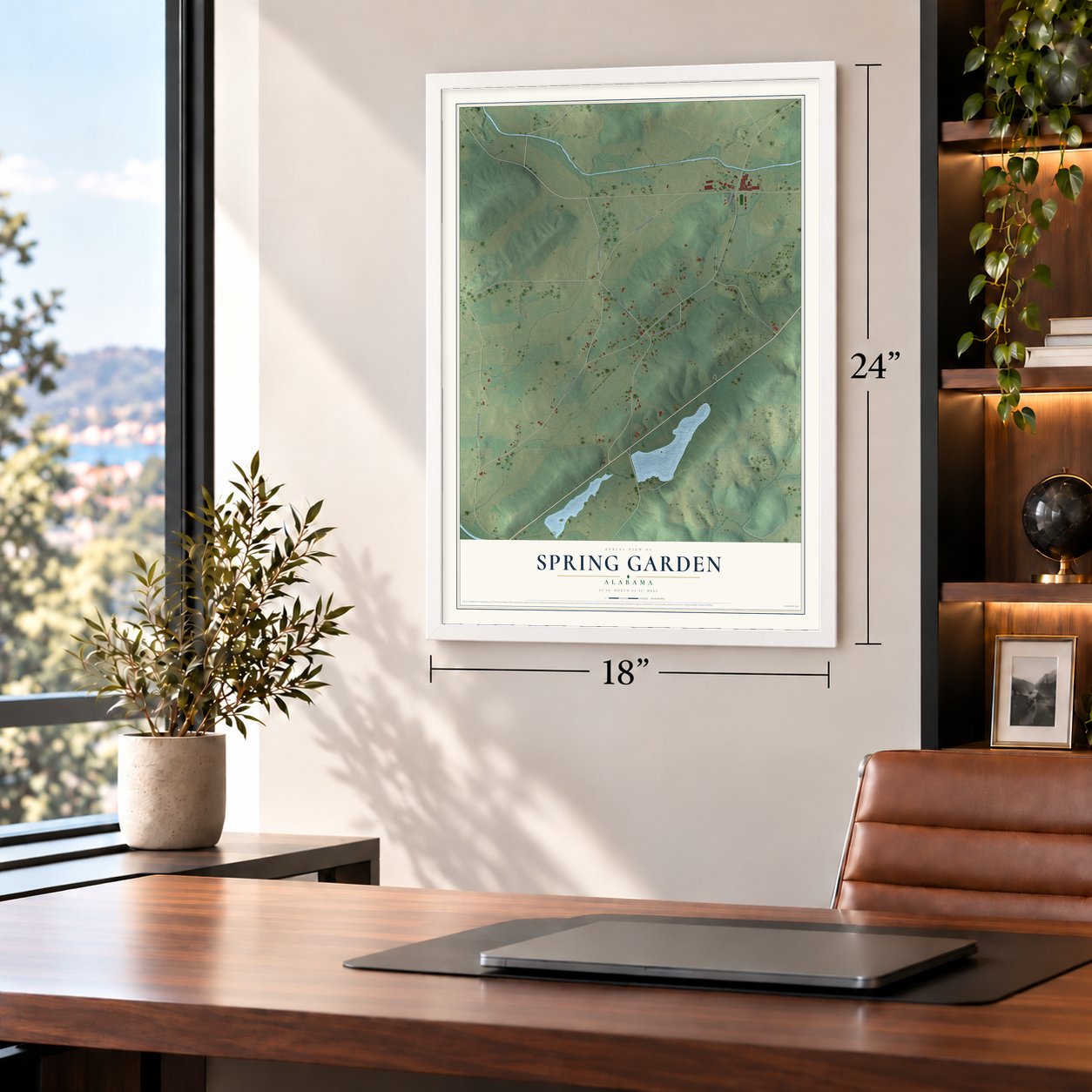 Spring Garden, Alabama map, 18 x 24 inch print in a white frame in a home office