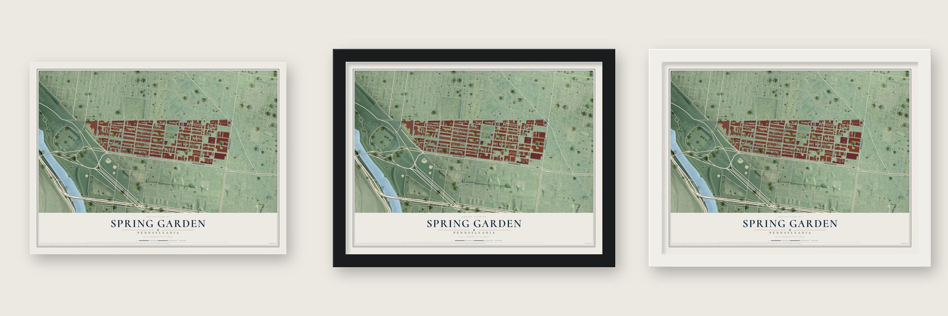 Spring Garden, Philadelphia, Pennsylvania map unframed, in a black wood frame and in a white wood frame