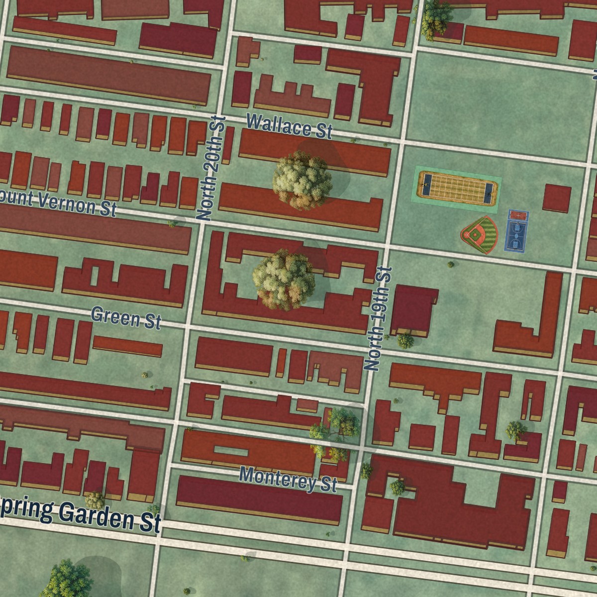 Second close-up of the map of Spring Garden, Philadelphia, Pennsylvania print showing more streets and buildings