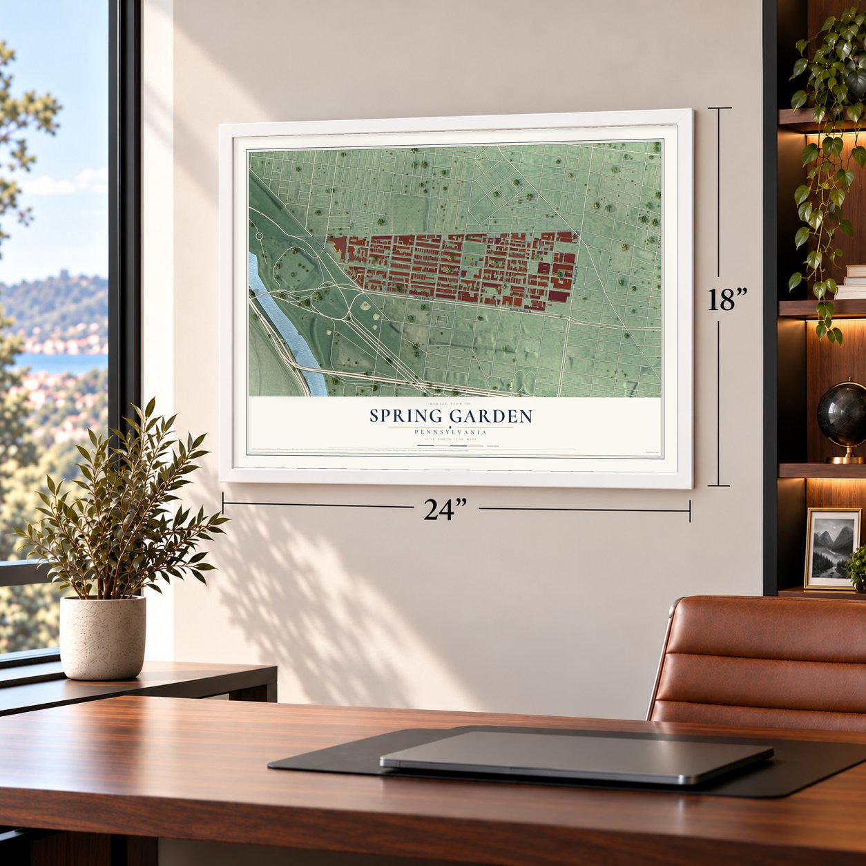 Spring Garden, Philadelphia, Pennsylvania map, 18 x 24 inch print in a white frame in a home office