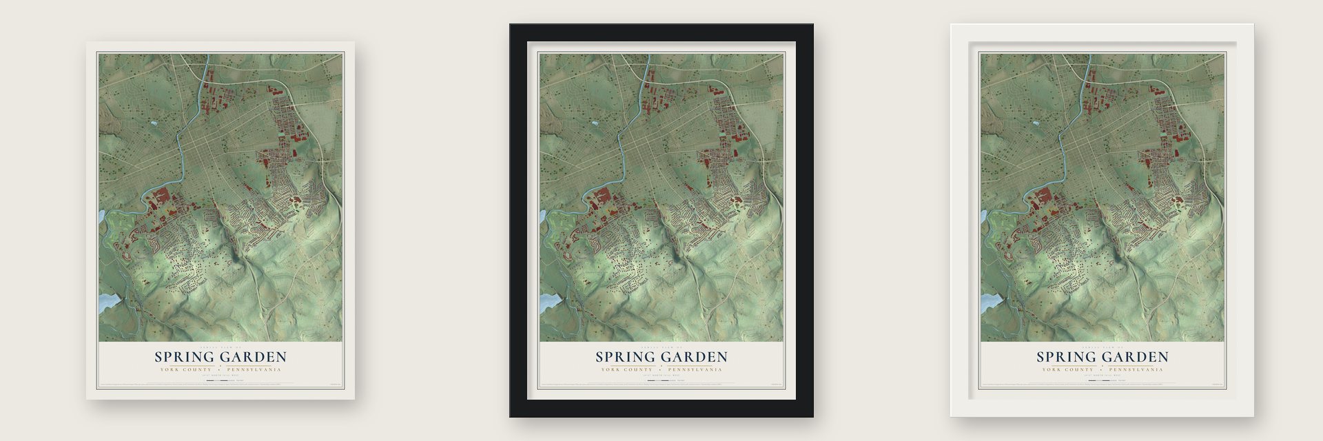 Spring Garden, York County, Pennsylvania map unframed, in a black wood frame and in a white wood frame