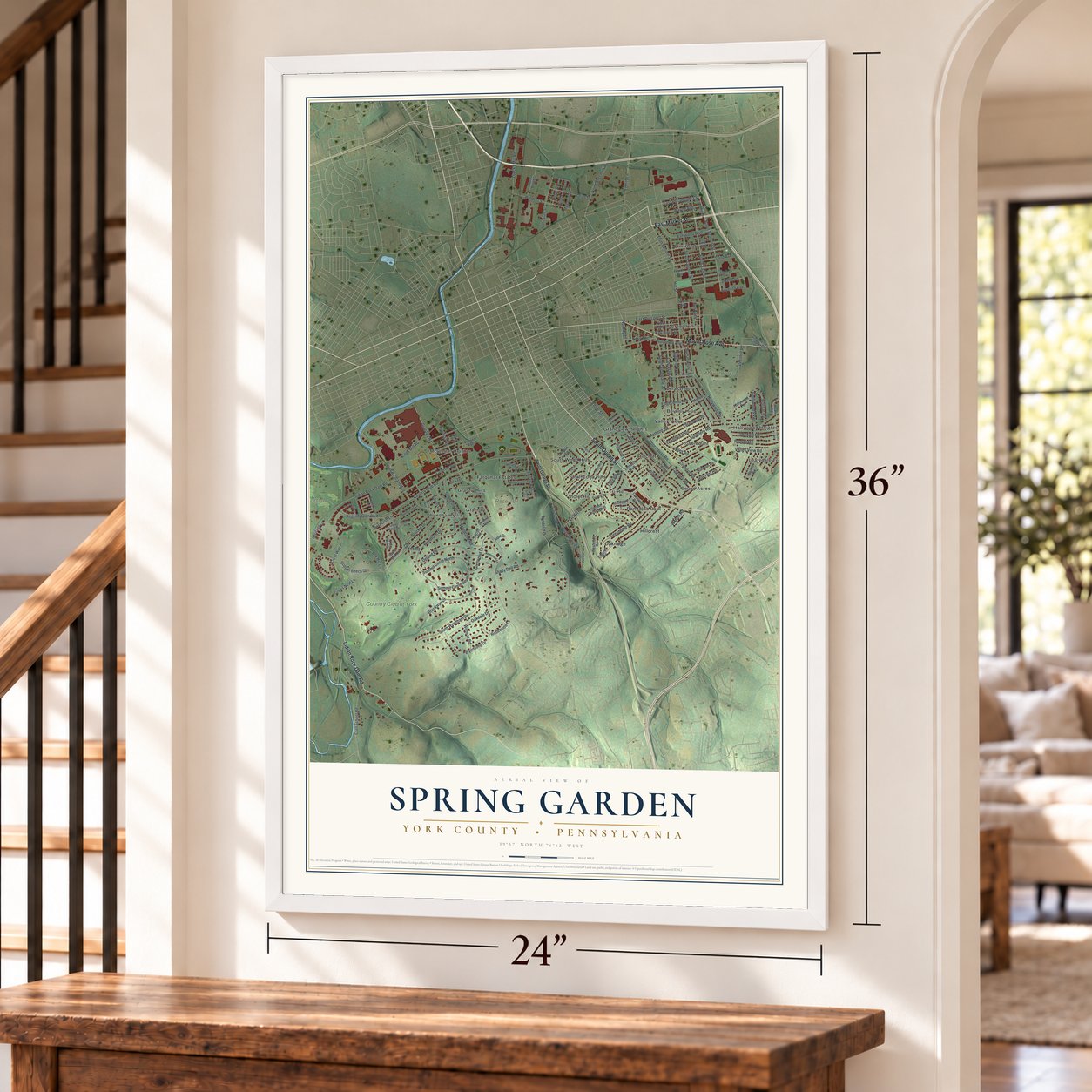 Spring Garden, York County, Pennsylvania map, 24 x 36 inch print in a white frame by a staircase