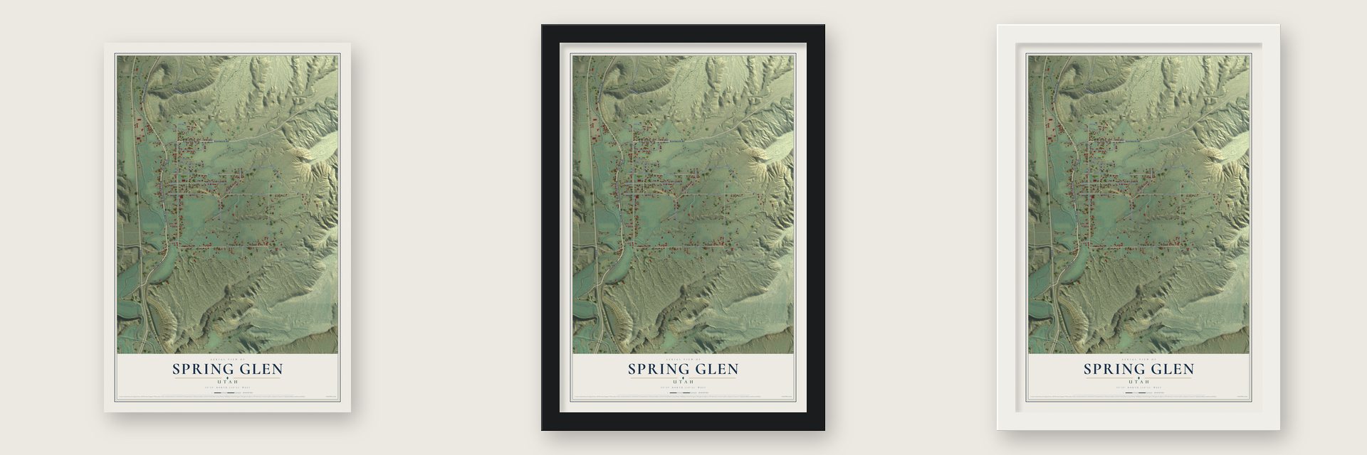 Spring Glen, Utah map unframed, in a black wood frame and in a white wood frame