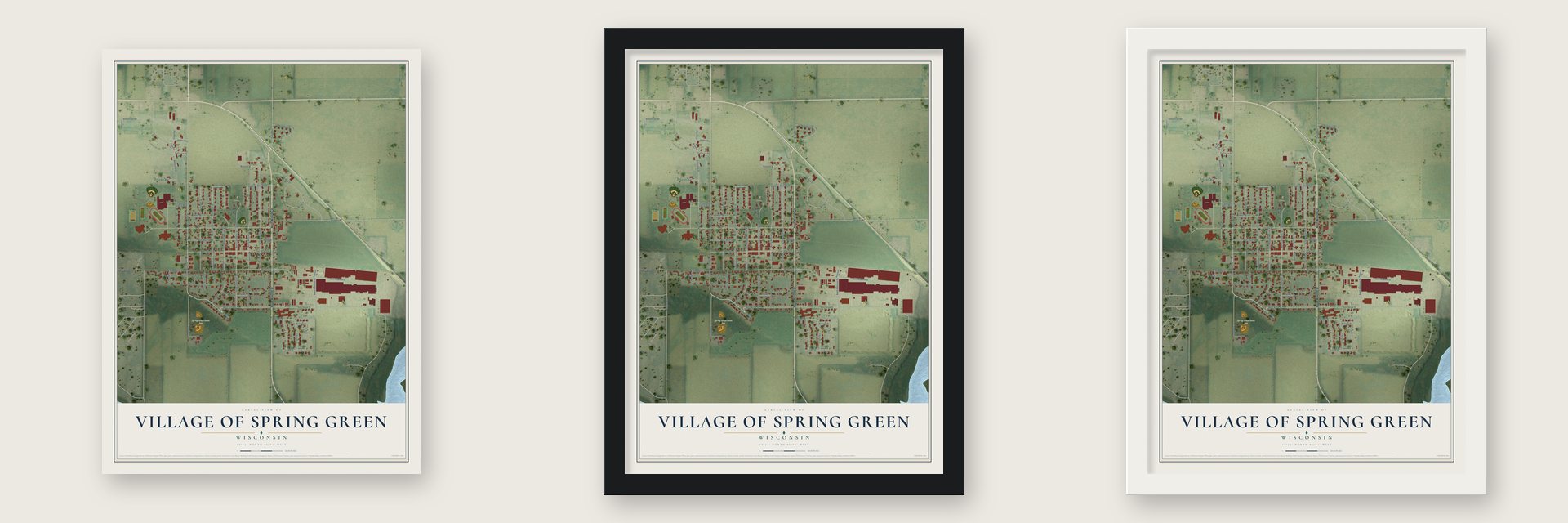 Spring Green, Wisconsin map unframed, in a black wood frame and in a white wood frame