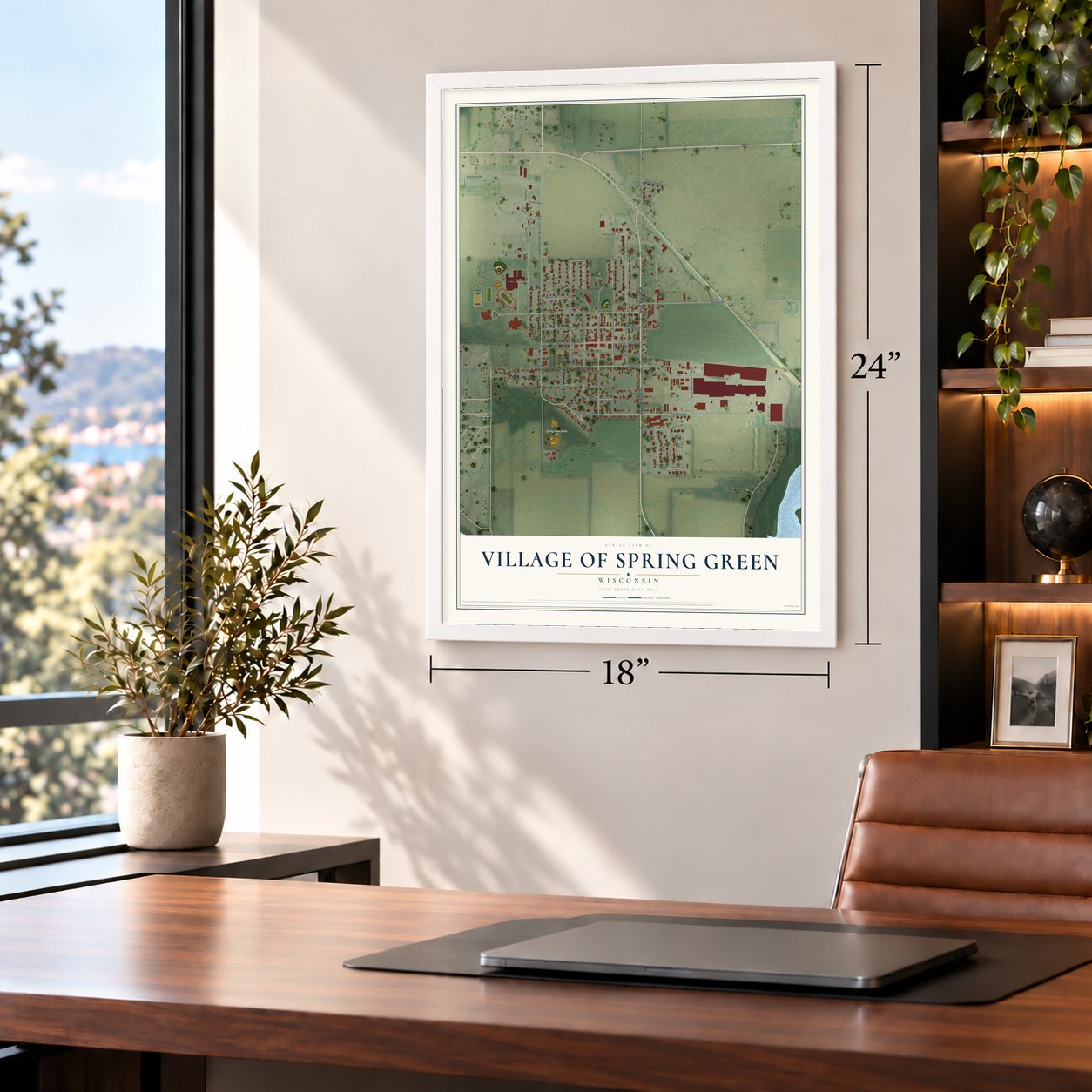 Spring Green, Wisconsin map, 18 x 24 inch print in a white frame in a home office