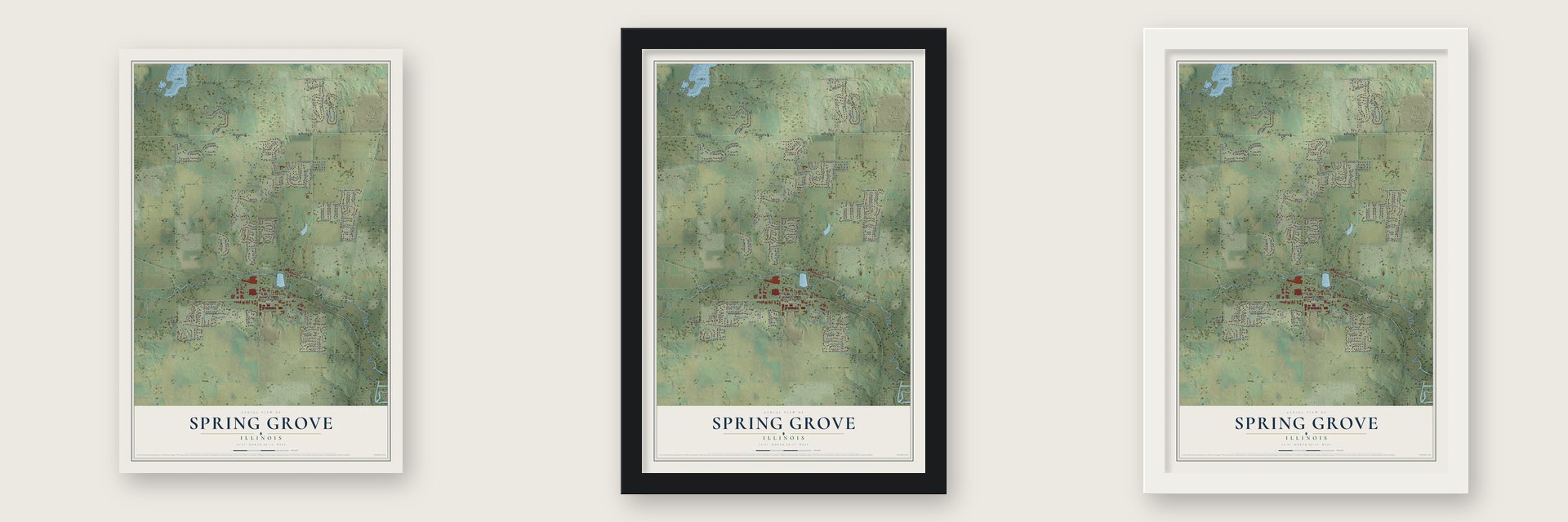 Spring Grove, Illinois map unframed, in a black wood frame and in a white wood frame