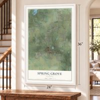 Spring Grove, Illinois map, 24 x 36 inch print in a white frame by a staircase