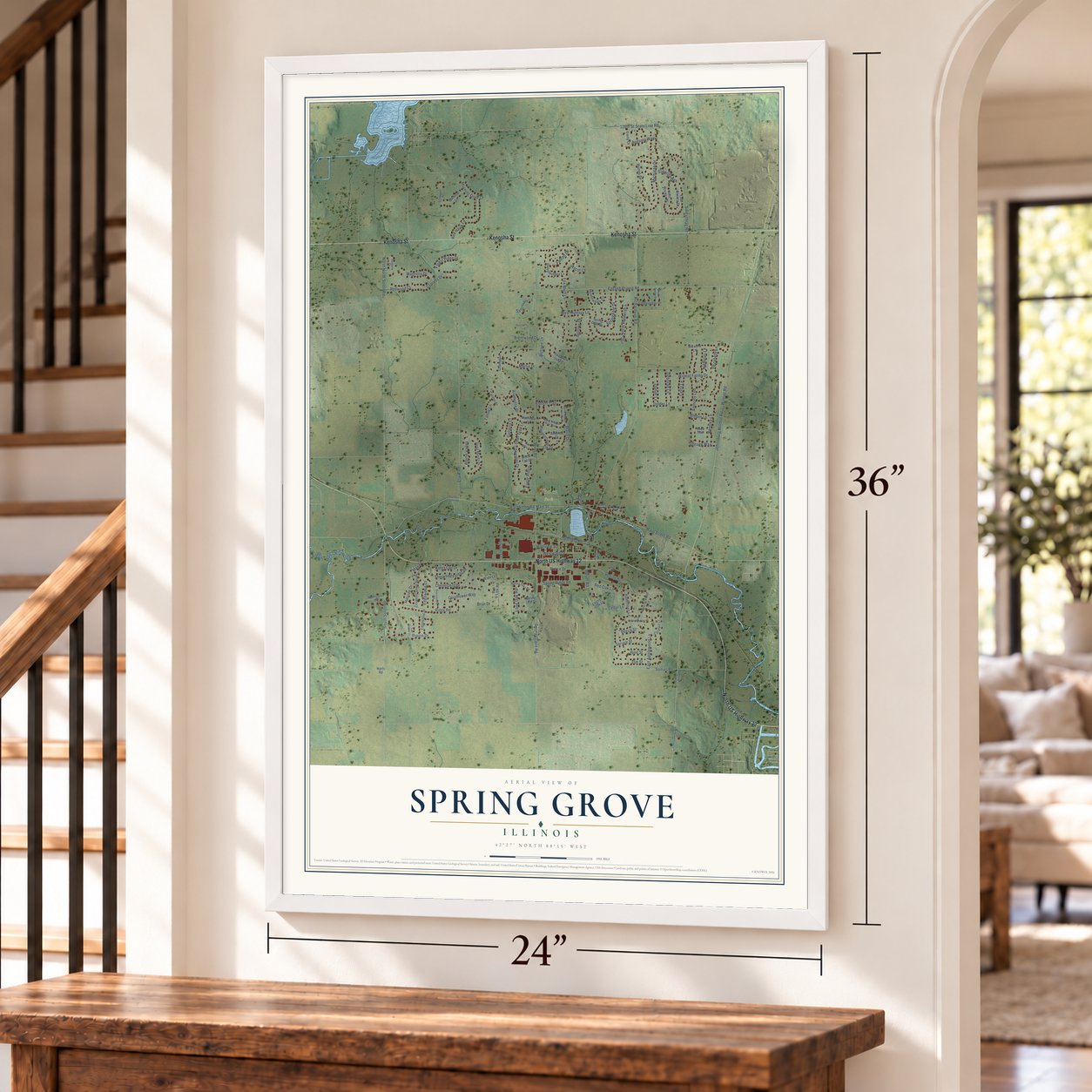 Spring Grove, Illinois map, 24 x 36 inch print in a white frame by a staircase