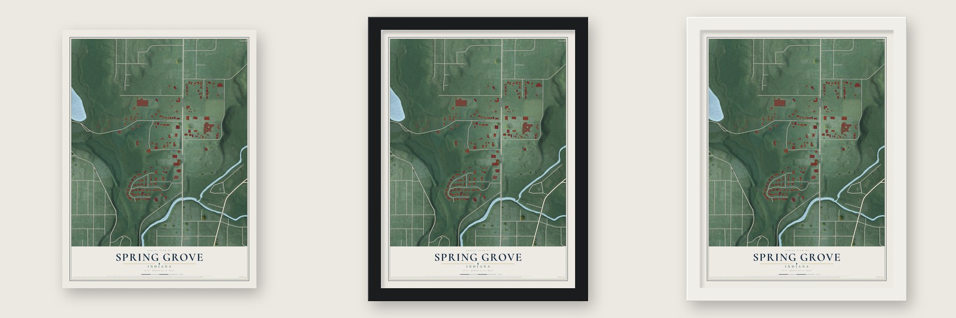 Spring Grove, Indiana map unframed, in a black wood frame and in a white wood frame