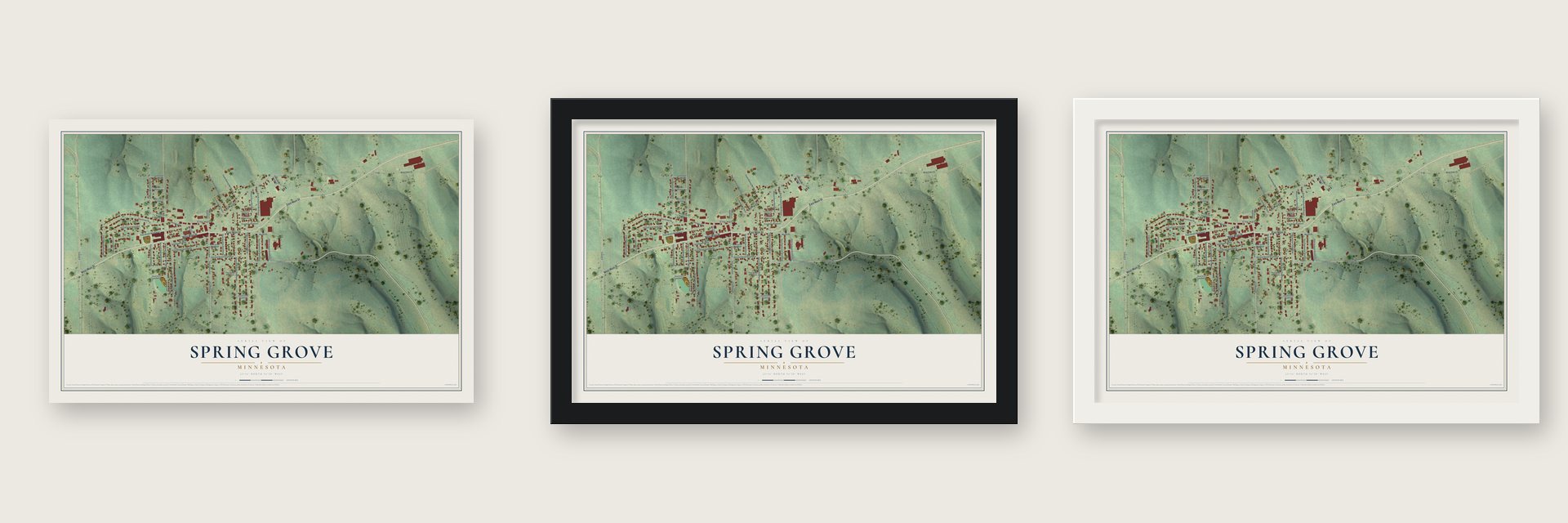 Spring Grove, Minnesota map unframed, in a black wood frame and in a white wood frame