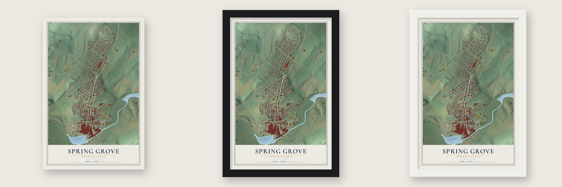 Spring Grove, Pennsylvania map unframed, in a black wood frame and in a white wood frame