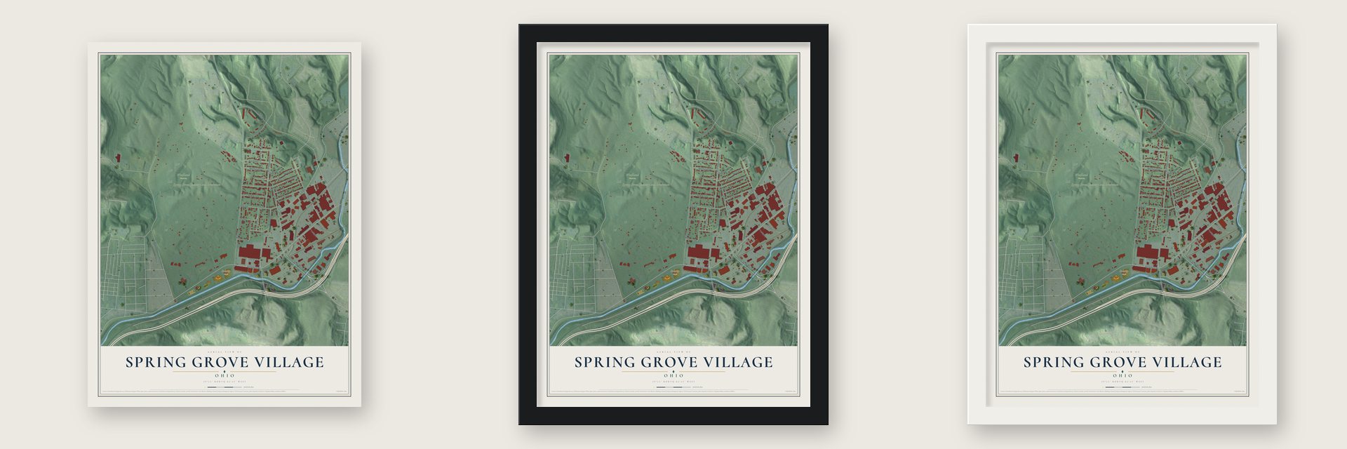 Spring Grove Village, Ohio map unframed, in a black wood frame and in a white wood frame