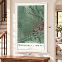 Spring Grove Village, Ohio map, 24 x 36 inch print in a white frame by a staircase