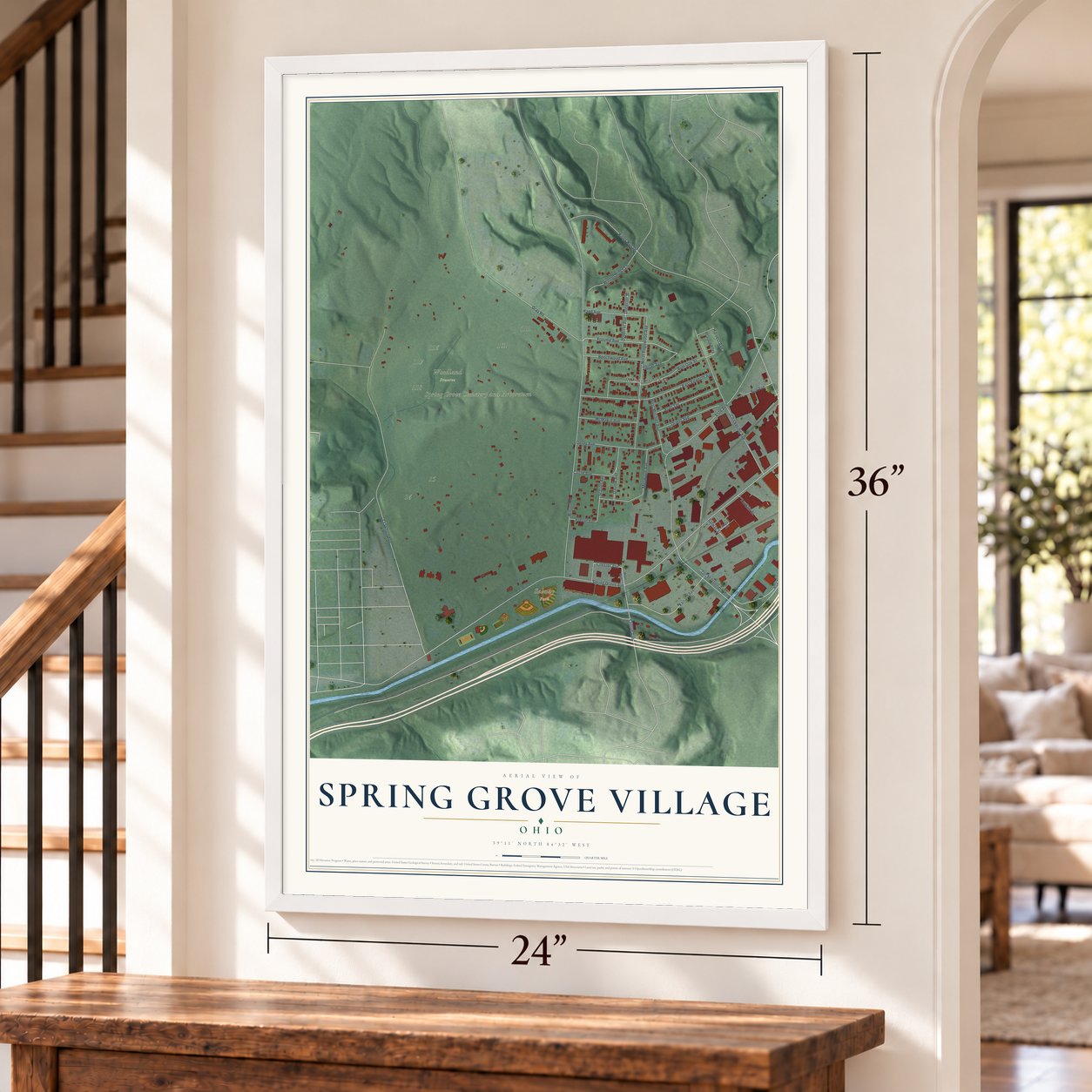 Spring Grove Village, Ohio map, 24 x 36 inch print in a white frame by a staircase