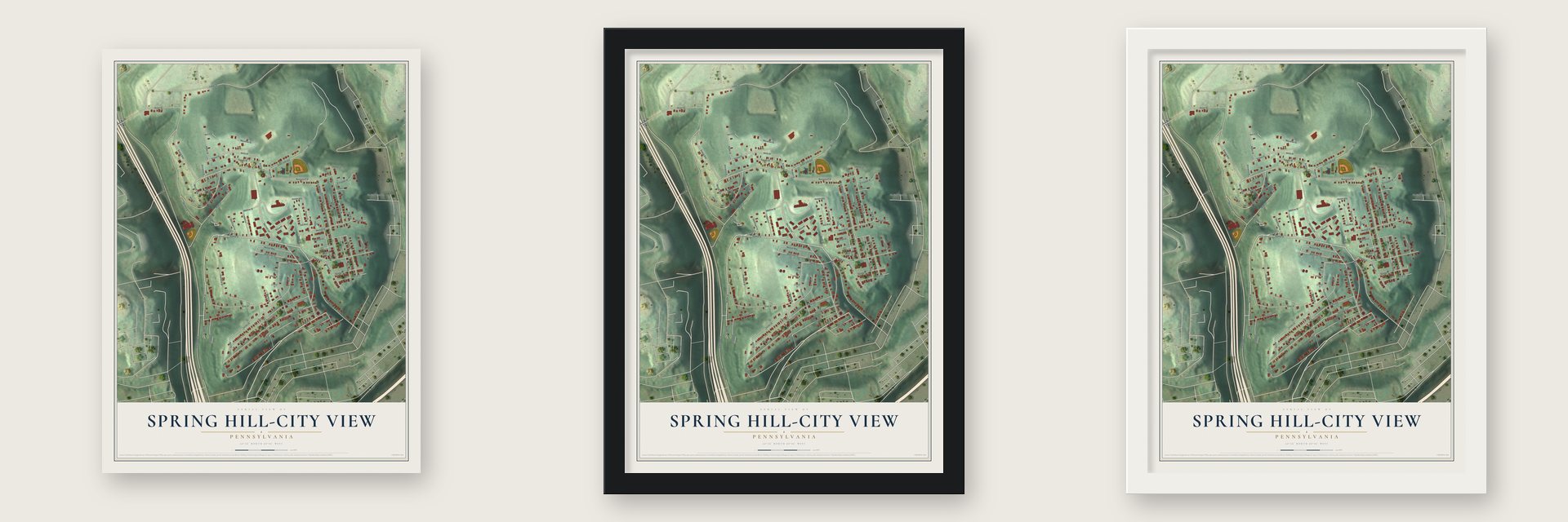 Spring Hill-City View, Pennsylvania map unframed, in a black wood frame and in a white wood frame