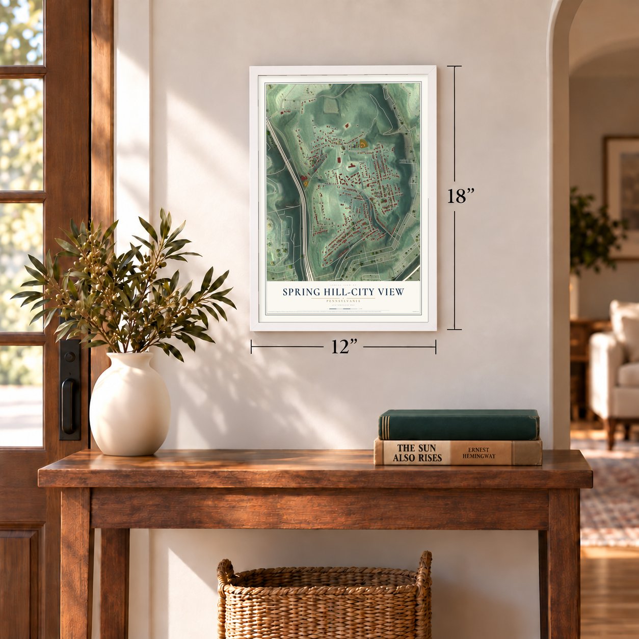 Spring Hill-City View, Pennsylvania map, 12 x 18 inch print in a white frame in an entryway