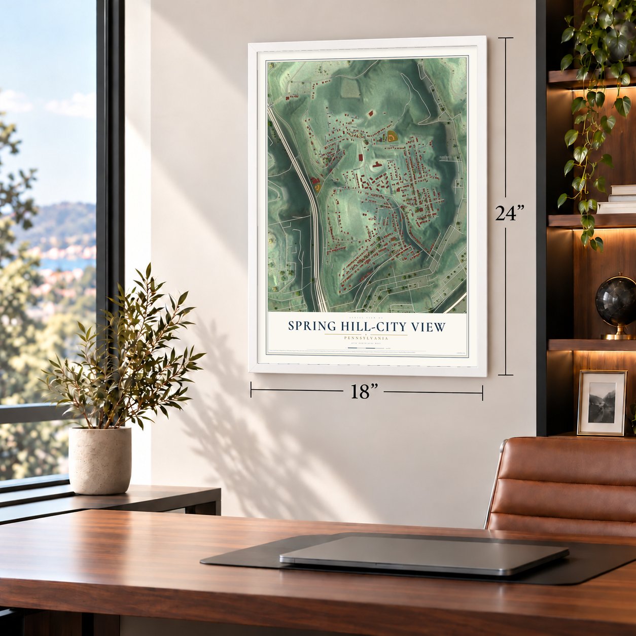 Spring Hill-City View, Pennsylvania map, 18 x 24 inch print in a white frame in a home office