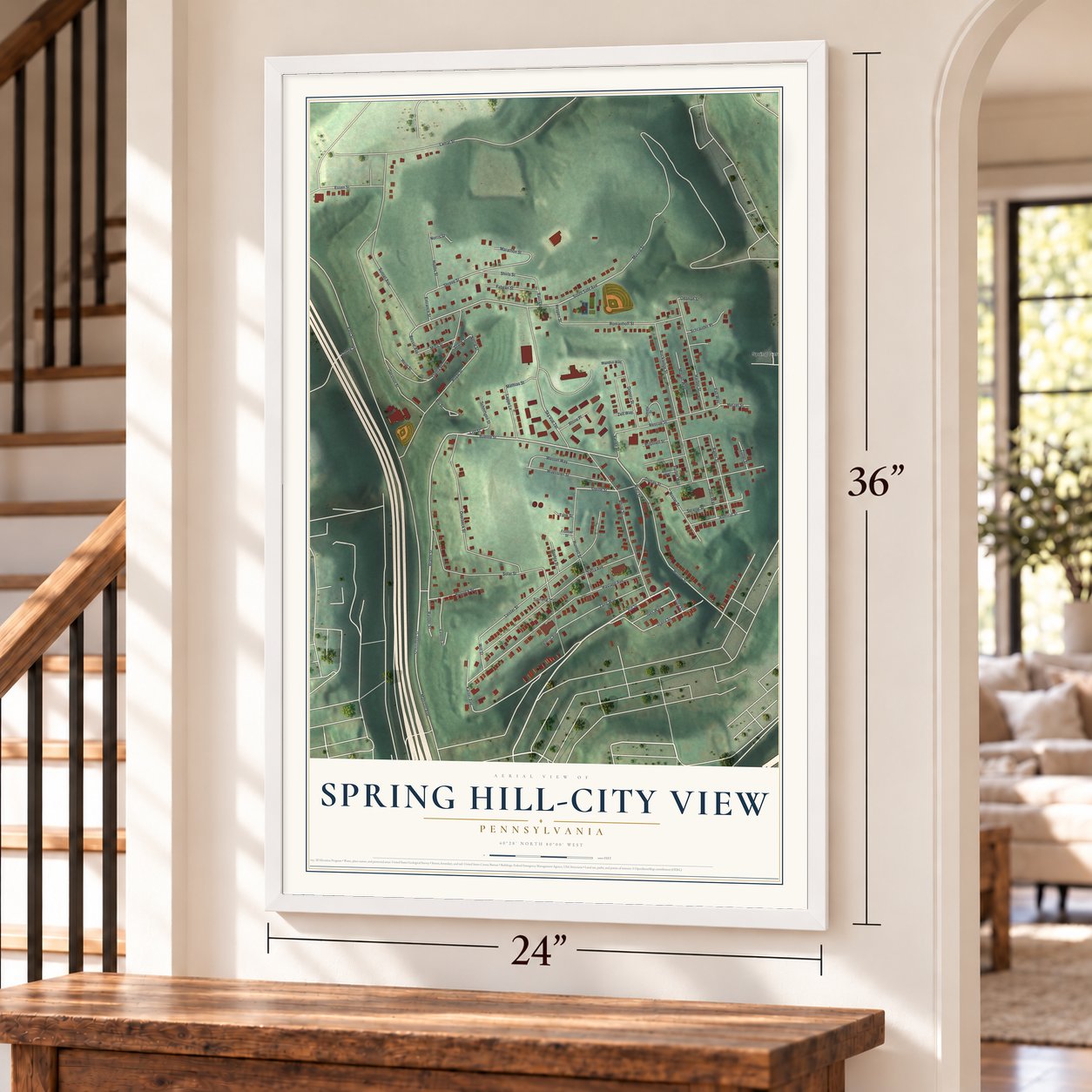 Spring Hill-City View, Pennsylvania map, 24 x 36 inch print in a white frame by a staircase