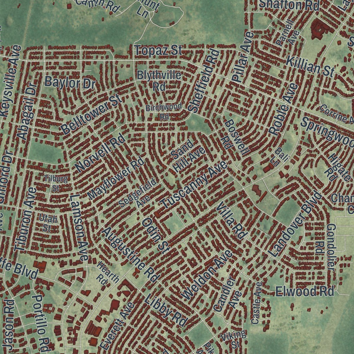 Second close-up of the map of Spring Hill, Florida print showing more streets and buildings