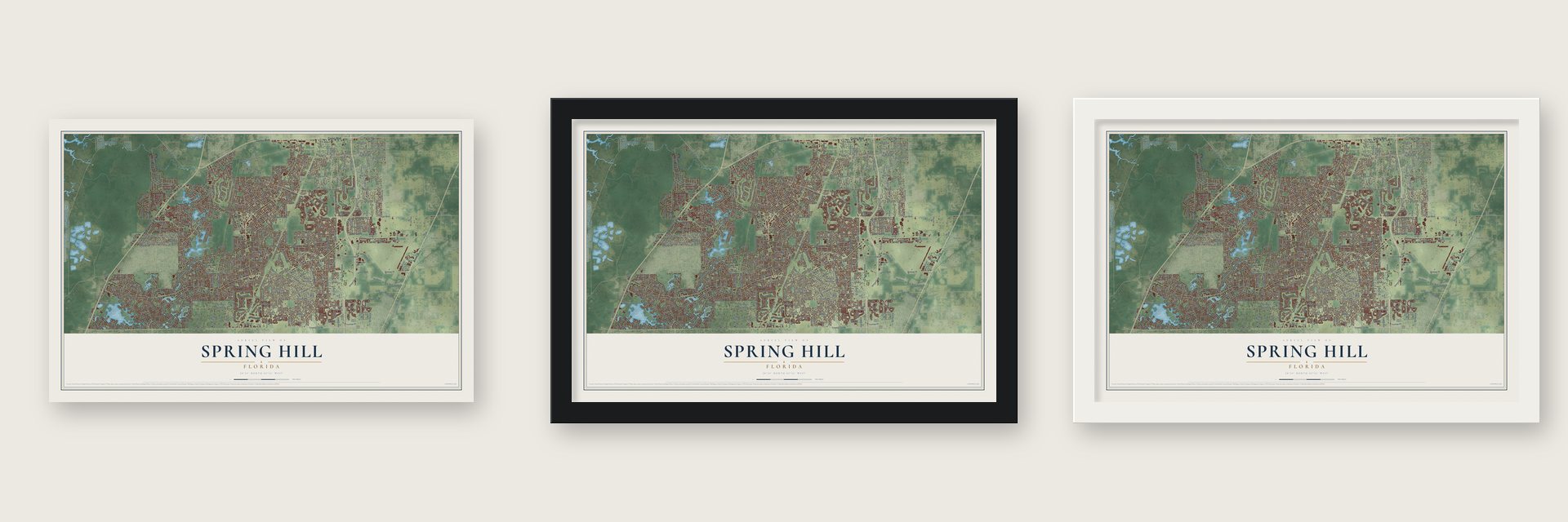 Spring Hill, Florida map unframed, in a black wood frame and in a white wood frame