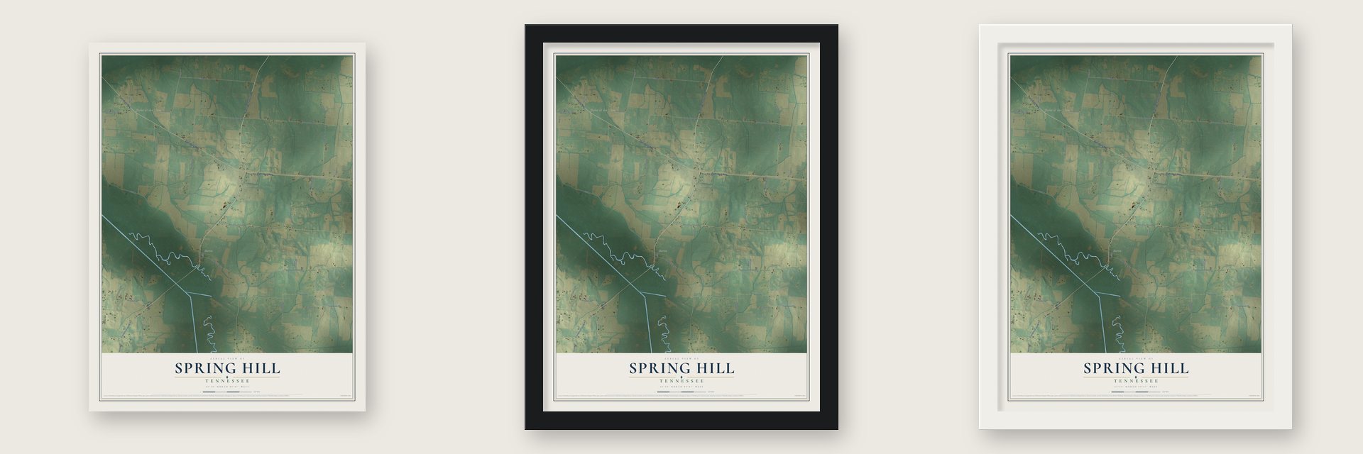 Spring Hill, Gibson County, Tennessee map unframed, in a black wood frame and in a white wood frame